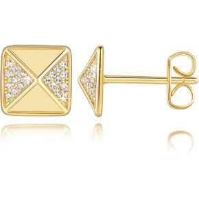 Eloqueen Stud Earrings 14K Gold Earrings for Womens Stud with Cubic Zirconia Chic Square Charm Pyramid Studs for Womens Trendy
