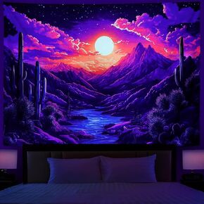 Blacklight Sun Mountain Tapestry UV Reactive Abstract Mountains and Rivers Trippy Saguaro Aesthetic Landscape Tapestries Hippie Sunset Starry Sky Tapestries Wall Hanging for Bedroom W78.7×H59.1