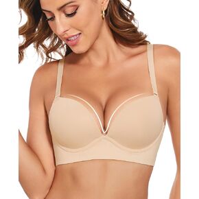 Padded Push Up Bras for Women Plunge Seamless T-Shirt Bra Longline Underwire Support Add One Cup