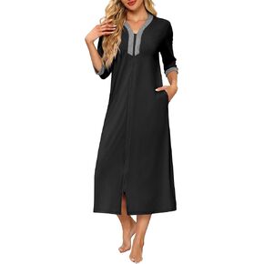رداء ekouaer المرأة السحاب 3/4 الأكمام HOUSECOAT الكامل طول رداء ملابس ناعمة مع جيوب (أسود ، 3x-large)