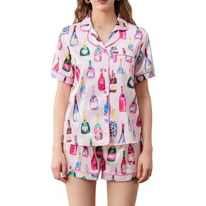Women Y2k Graphic Pajama Set Bottles Print Short Sleeve Button Shirt Elastic Waist Wide Leg Shorts Preppy Pj Outfits