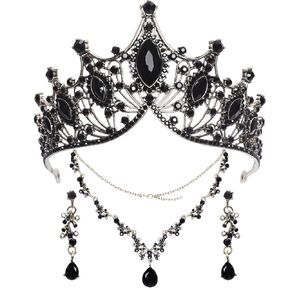 3 Pieces Baroque Queen Crown Set - Tiara, Earrings, Necklace, Crystal Headband - Black Rhinestone Princess Crown for Wedding, Bridal, Prom, Halloween Costume Accessories