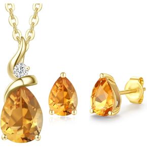 FANCIME 14K Gold Citrine Pear Necklace/Earrings for Women