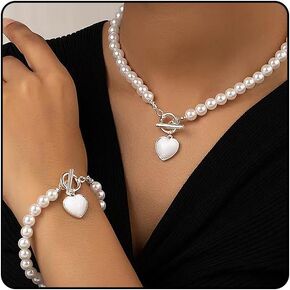 Pearls Heart Necklace Bracelets Set for Women, Dainty Pearls Beaded Choker OT Buckle Love Bracelets Charm Prom Wedding Jewelry for Bridal Bridesmaid