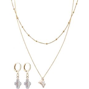 Nature Freshwater Pearl Cross Necklace Earring for Women, Gold Baroque Pearl Cross Dainty Layered Necklaces Jewelry Set Gift ﻿