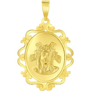 14k Yellow Gold Holy Face of Jesus Christ On Elegant Ornate Miraculous Medal Pendant (1")
