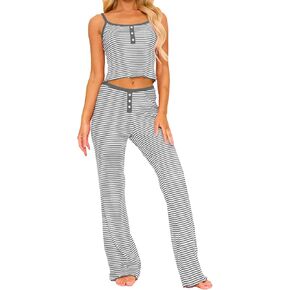 Remidoo Women's Striped Pajama Set Cami Top and Long Pants 2 Piece Sleepwear