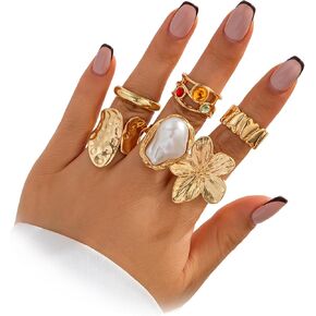 Chunky Gold Stackable Rings Set for Women Adjustable Open Thick Stacking Crystal Knuckle Ring Pack Trendy Cute Pearl Flower Finger Midi Rings Prom Costume Gold Jewelry