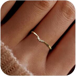 XAYAH Curved Wedding Bands Ring for Women 925 Sterling Silver Petite V Shape CZs Ring 14K Gold Plated Stackable Slim Ring for Bride Jewelry Gift for Wedding Graduation Season Gift Jewelry for Her