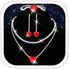 Aukmla Women Bridal Wedding Jewelry Set Silver Crystal Heart Pendant Necklace Earring Bracelet Sets Prom Layered Necklaces