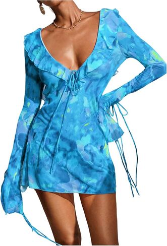 SOLY HUX Women's Tie Dye Mesh Sheer Cover Up Tie Backless Deep V Neck Long Sleeve Ruffle Beach Dress in Saudi Arabia