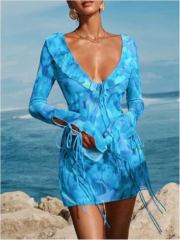 SOLY HUX Women's Tie Dye Mesh Sheer Cover Up Tie Backless Deep V Neck Long Sleeve Ruffle Beach Dress in Saudi Arabia