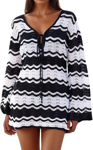 Eomenie Women Crochet Swim Cover Up Summer Bathing Suit Hollow Out Long Sleeve Dress Coverup Mesh Knit Beach Outfits in Saudi Arabia