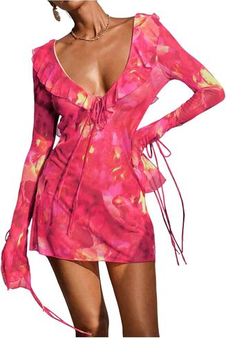 SOLY HUX Women's Tie Dye Mesh Sheer Cover Up Tie Backless Deep V Neck Long Sleeve Ruffle Beach Dress in Saudi Arabia