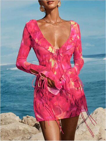 SOLY HUX Women's Tie Dye Mesh Sheer Cover Up Tie Backless Deep V Neck Long Sleeve Ruffle Beach Dress in Saudi Arabia