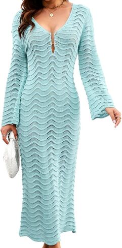 Women's 3D Wave Crochet Beach Cover-up, Heavyweight Dress with Elegant Drape, Bell Sleeve Deep-V Backless in Saudi Arabia