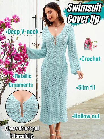 Women's 3D Wave Crochet Beach Cover-up, Heavyweight Dress with Elegant Drape, Bell Sleeve Deep-V Backless in Saudi Arabia