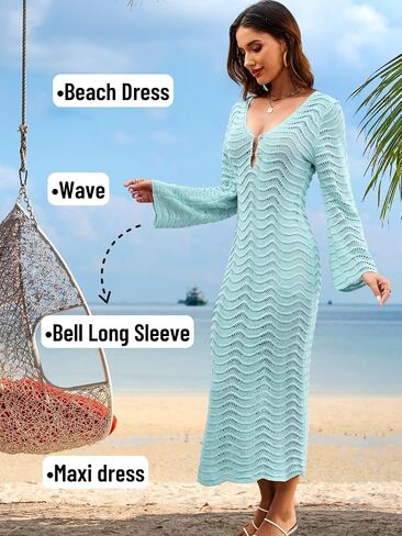 Women's 3D Wave Crochet Beach Cover-up, Heavyweight Dress with Elegant Drape, Bell Sleeve Deep-V Backless in Saudi Arabia