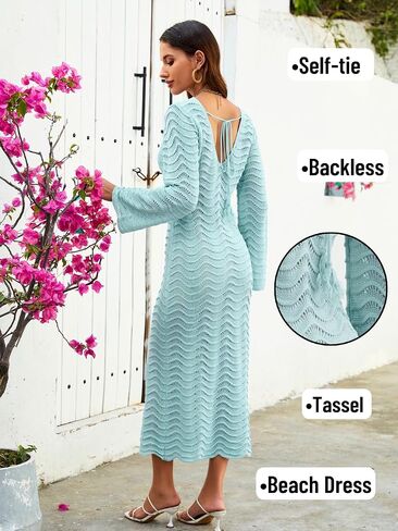 Women's 3D Wave Crochet Beach Cover-up, Heavyweight Dress with Elegant Drape, Bell Sleeve Deep-V Backless in Saudi Arabia