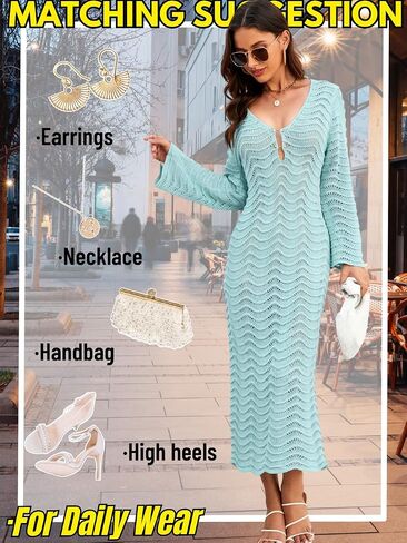 Women's 3D Wave Crochet Beach Cover-up, Heavyweight Dress with Elegant Drape, Bell Sleeve Deep-V Backless in Saudi Arabia