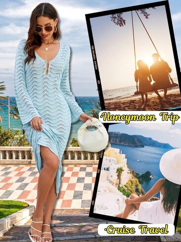 Women's 3D Wave Crochet Beach Cover-up, Heavyweight Dress with Elegant Drape, Bell Sleeve Deep-V Backless in Saudi Arabia