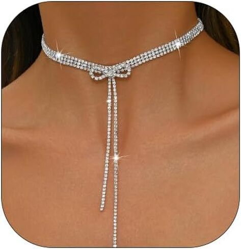 Rhinestone Bowknot Choker Necklace for Women Crystal Long Tassel Clavicle Chain Necklace Cubic Zirconia Bow Knot Jewelry for Women Gifts in Saudi Arabia