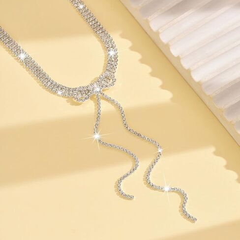 Rhinestone Bowknot Choker Necklace for Women Crystal Long Tassel Clavicle Chain Necklace Cubic Zirconia Bow Knot Jewelry for Women Gifts in Saudi Arabia
