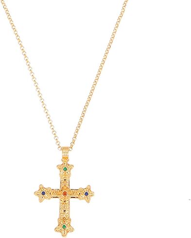 Cross Pendant Necklace for Women 18K Gold Plated Faith Necklace Luxurious Multi-Colored Gemstones Cross Choker Necklace Lightweight Prayer Religious Jewelry in Kuwait