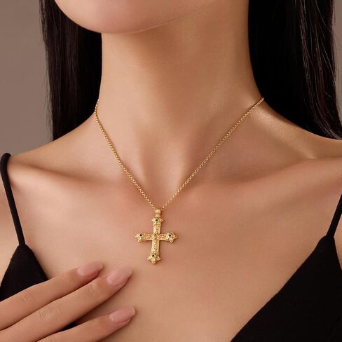 Cross Pendant Necklace for Women 18K Gold Plated Faith Necklace Luxurious Multi-Colored Gemstones Cross Choker Necklace Lightweight Prayer Religious Jewelry in Kuwait