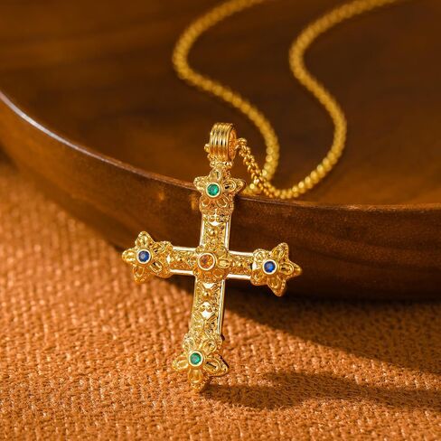 Cross Pendant Necklace for Women 18K Gold Plated Faith Necklace Luxurious Multi-Colored Gemstones Cross Choker Necklace Lightweight Prayer Religious Jewelry in Kuwait