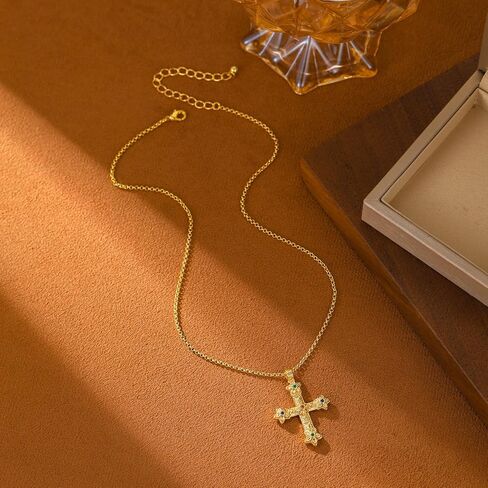 Cross Pendant Necklace for Women 18K Gold Plated Faith Necklace Luxurious Multi-Colored Gemstones Cross Choker Necklace Lightweight Prayer Religious Jewelry in Kuwait