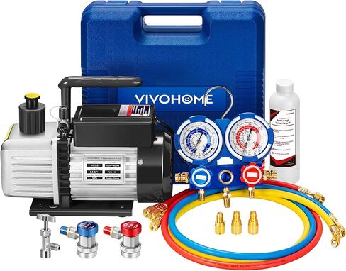 VIVOHOME 110V 1/4 HP 3.5 CFM مضخة تفريغ هواء دوارة ذات مرحلة واحدة وR134a AC مجموعة قياس متعددة لتكييف الهواء والتبريد وإعادة الشحن in Kuwait
