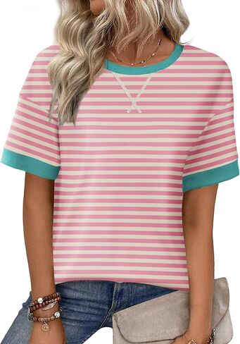 Zeagoo Womens Tops Casual Oversized Short Sleeve Sweatshirt Summer Striped Shirt Crewneck Pullover Loose T Shirts Blouse in Saudi Arabia