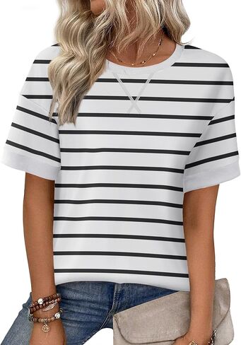 Zeagoo Womens Tops Casual Oversized Short Sleeve Sweatshirt Summer Striped Shirt Crewneck Pullover Loose T Shirts Blouse in Kuwait