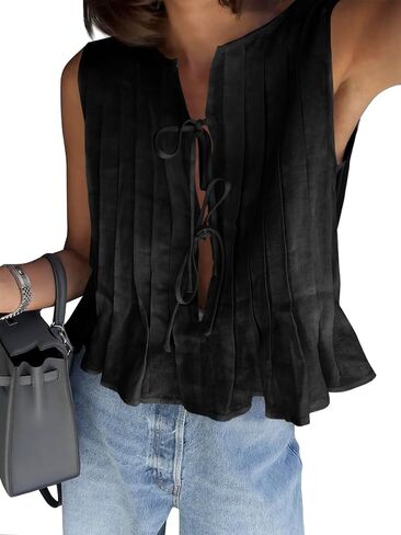 Cicy Bell Womens Bow Front Tie Tank Tops Pleated Babydoll Top Sleeveless Cute Coquette Shirt Summer Outfits in Saudi Arabia