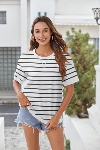 Zeagoo Womens Tops Casual Oversized Short Sleeve Sweatshirt Summer Striped Shirt Crewneck Pullover Loose T Shirts Blouse in Kuwait