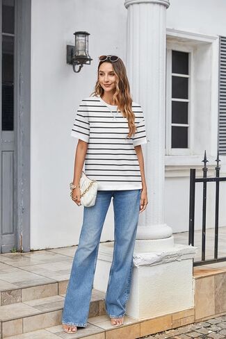 Zeagoo Womens Tops Casual Oversized Short Sleeve Sweatshirt Summer Striped Shirt Crewneck Pullover Loose T Shirts Blouse in Kuwait