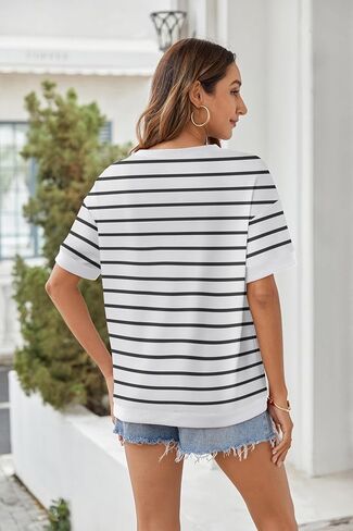 Zeagoo Womens Tops Casual Oversized Short Sleeve Sweatshirt Summer Striped Shirt Crewneck Pullover Loose T Shirts Blouse in Kuwait
