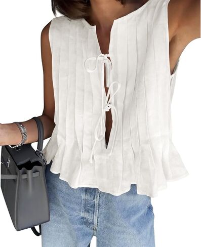 Cicy Bell Womens Bow Front Tie Tank Tops Pleated Babydoll Top Sleeveless Cute Coquette Shirt Summer Outfits in Saudi Arabia