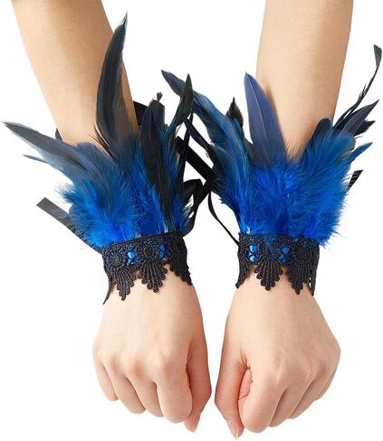 1 Pair Feather Cuffs Wrist Lace Gloves Blue Floral Lace Angel Wings Bracelet Gothic Mesh Wristband Swan Witch Arm Sleeve for Women Cosplay Halloween Party Performances Costume Accessories in Saudi Arabia