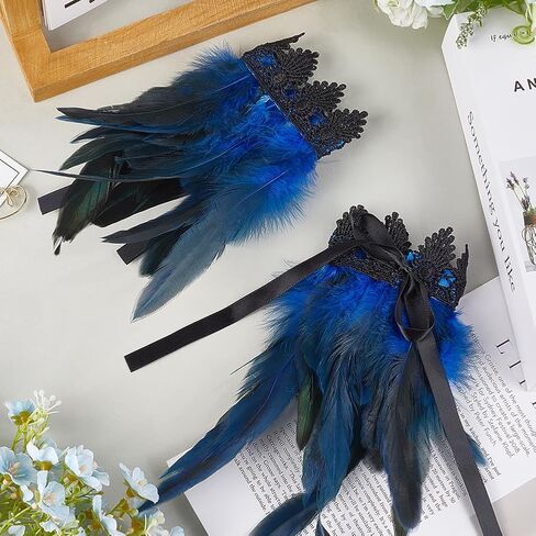 1 Pair Feather Cuffs Wrist Lace Gloves Blue Floral Lace Angel Wings Bracelet Gothic Mesh Wristband Swan Witch Arm Sleeve for Women Cosplay Halloween Party Performances Costume Accessories in Saudi Arabia