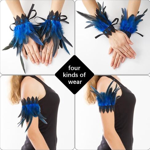 1 Pair Feather Cuffs Wrist Lace Gloves Blue Floral Lace Angel Wings Bracelet Gothic Mesh Wristband Swan Witch Arm Sleeve for Women Cosplay Halloween Party Performances Costume Accessories in Saudi Arabia