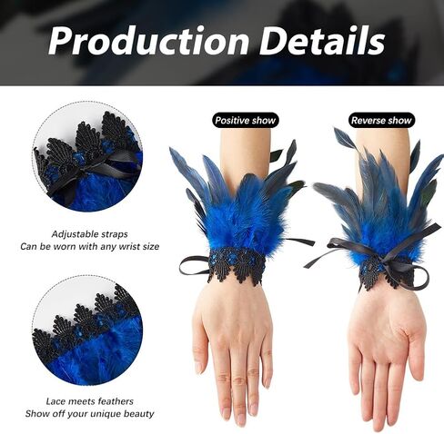 1 Pair Feather Cuffs Wrist Lace Gloves Blue Floral Lace Angel Wings Bracelet Gothic Mesh Wristband Swan Witch Arm Sleeve for Women Cosplay Halloween Party Performances Costume Accessories in Saudi Arabia