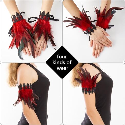 1 Pair Feather Cuffs Wrist Lace Gloves Blue Floral Lace Angel Wings Bracelet Gothic Mesh Wristband Swan Witch Arm Sleeve for Women Cosplay Halloween Party Performances Costume Accessories in Saudi Arabia