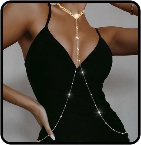 Gold Body Chain Jewelry for Women Shiny Rhinestone Bra Chain Summer Beach Layered Bikini Belly Chain Jewelry in Kuwait