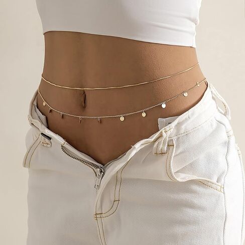 Dainty Multilayered Body Chains Gold Silver Boho Layered Beach Waist Chain CZ Adjustable Bikini Belly Chain Jewelry Accessories for Women Sexy Summer Birthday Gift Friendship in Kuwait