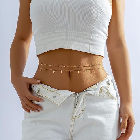 Dainty Multilayered Body Chains Gold Silver Boho Layered Beach Waist Chain CZ Adjustable Bikini Belly Chain Jewelry Accessories for Women Sexy Summer Birthday Gift Friendship in Kuwait