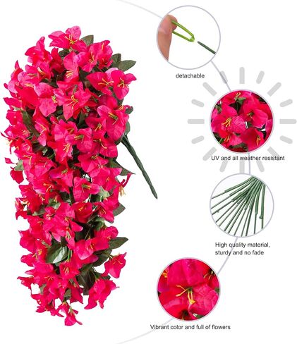 Bougainvillea Artificial Hanging Flowers Plants for Outdoors Decoration, 2pcs Fake Flowers Hot Pink Bougainvillea Vines Realistic UV Resistant Silk Flowers for Outside Planter Porch Patio Urn in Saudi Arabia