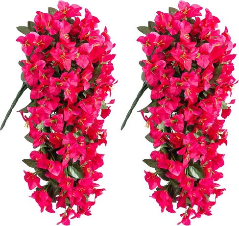Bougainvillea Artificial Hanging Flowers Plants for Outdoors Decoration, 2pcs Fake Flowers Hot Pink Bougainvillea Vines Realistic UV Resistant Silk Flowers for Outside Planter Porch Patio Urn in Saudi Arabia