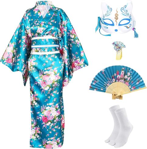 Japanese Kimono for Women Geisha Costume Asian Dress Anime Costume Yukata Kimono Robe Mask Hand Fan Socks 5pc in Kuwait